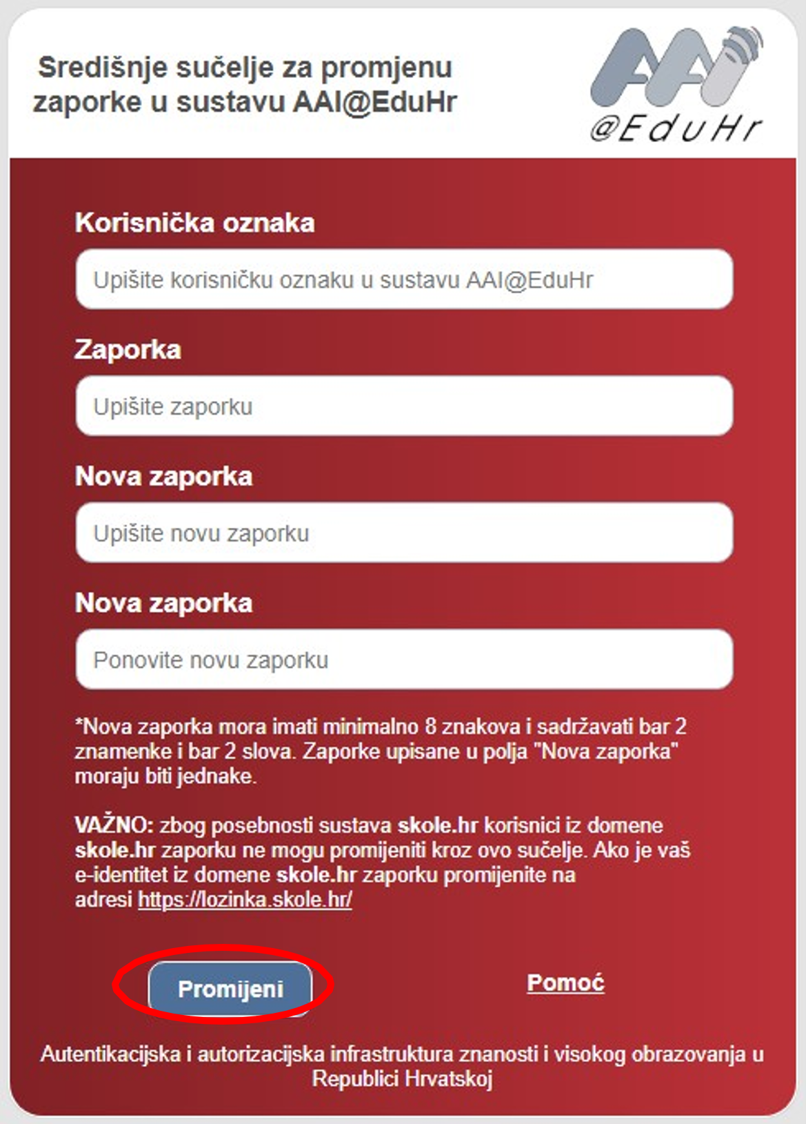 Zaslon za promjenu lozinke na AAI@EduHr sustavu