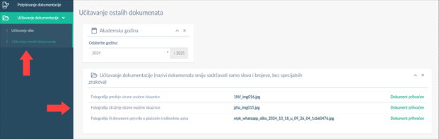 Popis dokumenata za učitavanje s poljima za datoteke
